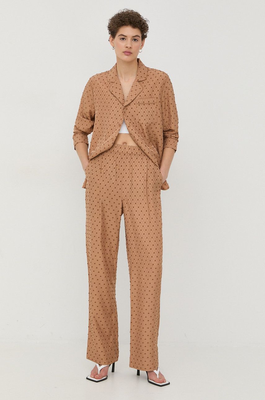 Bruuns Bazaar pantaloni femei, culoarea bej, lat, high waist