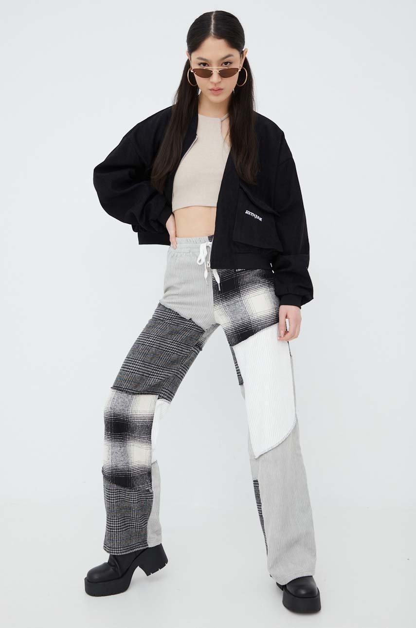Sixth june pantaloni femei, culoarea gri, lat, high waist