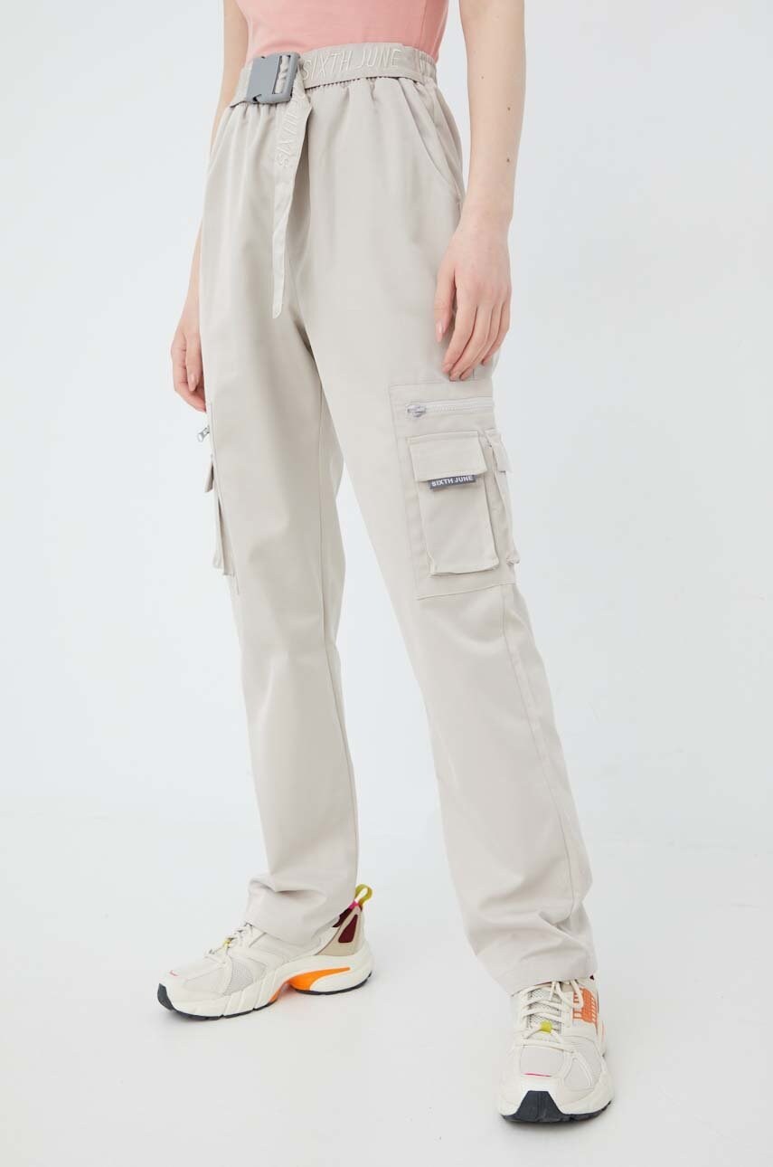 Sixth june pantaloni femei, culoarea gri, fason cargo, high waist