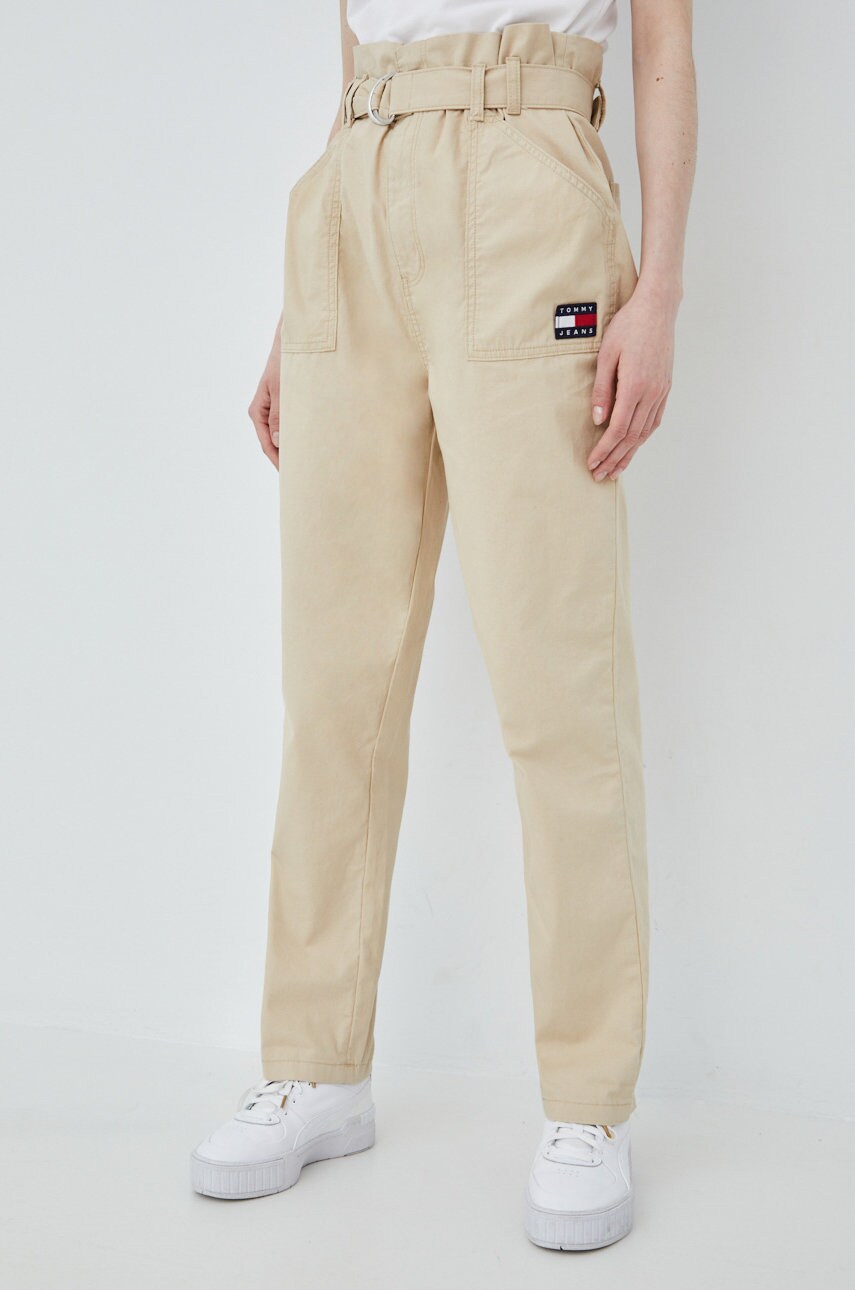 Tommy jeans pantaloni de bumbac femei, culoarea bej, drept, high waist