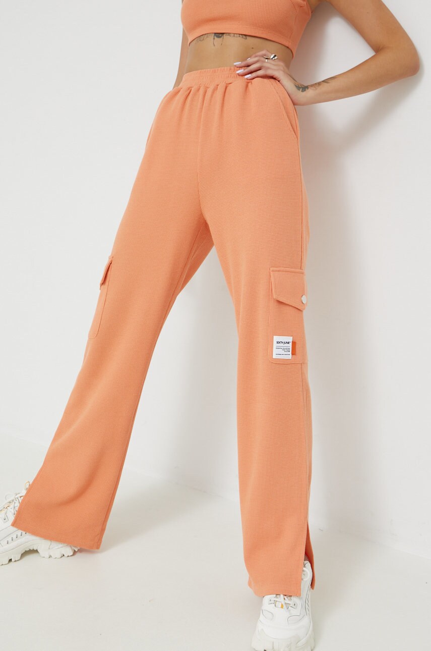 Sixth june pantaloni femei, culoarea portocaliu, drept, high waist