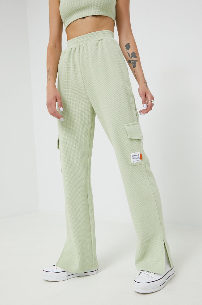 Sixth june pantaloni femei, culoarea verde, drept, high waist
