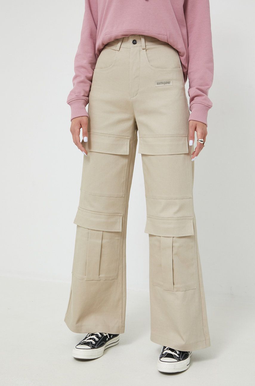 Sixth June pantaloni femei, culoarea bej, lat, high waist