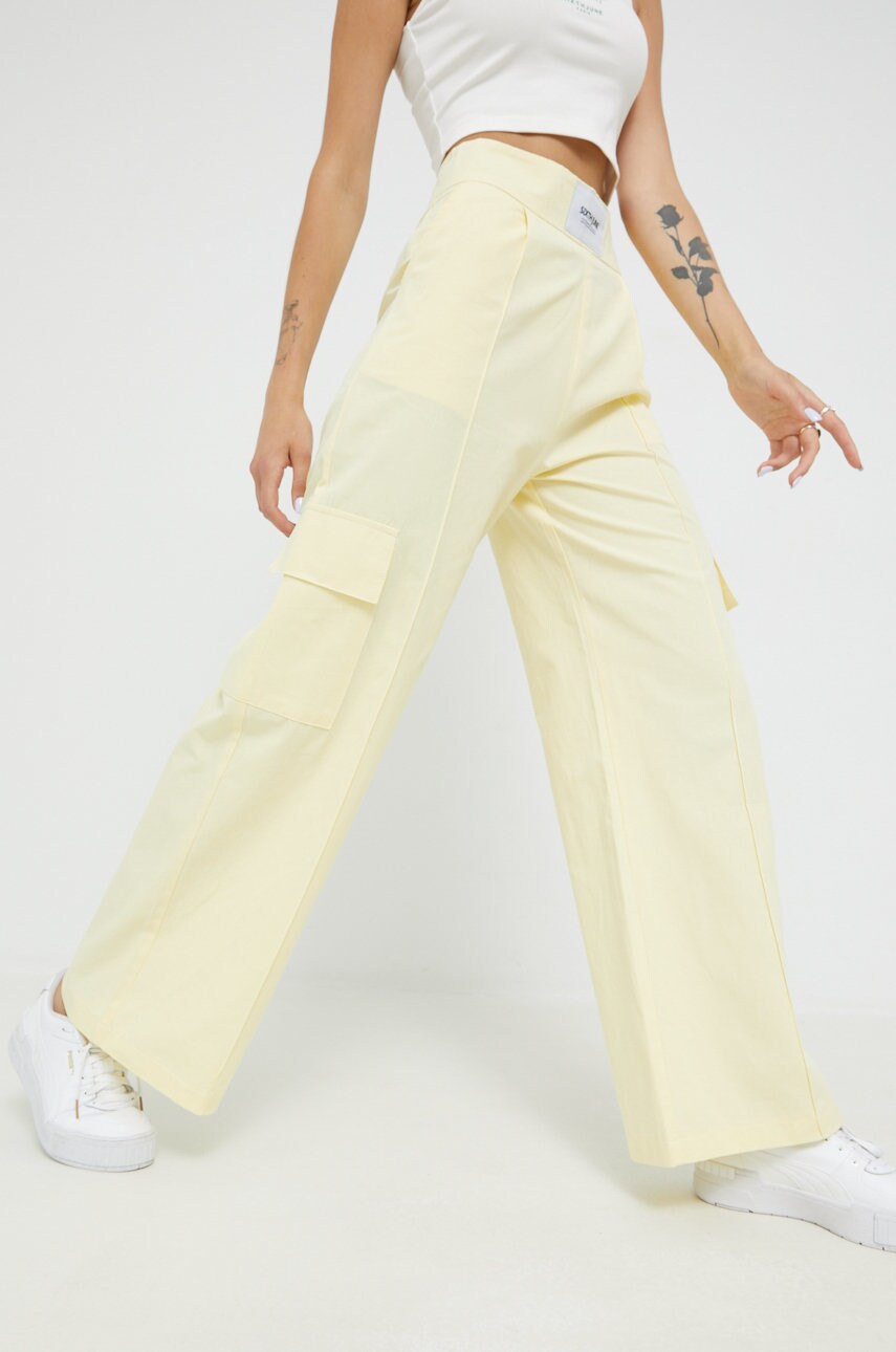 Sixth june pantaloni de bumbac femei, culoarea galben, lat, high waist