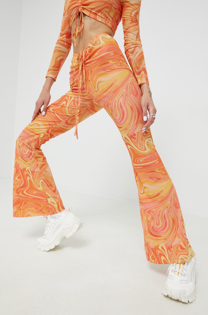 Sixth june pantaloni femei, culoarea portocaliu, evazati, medium waist