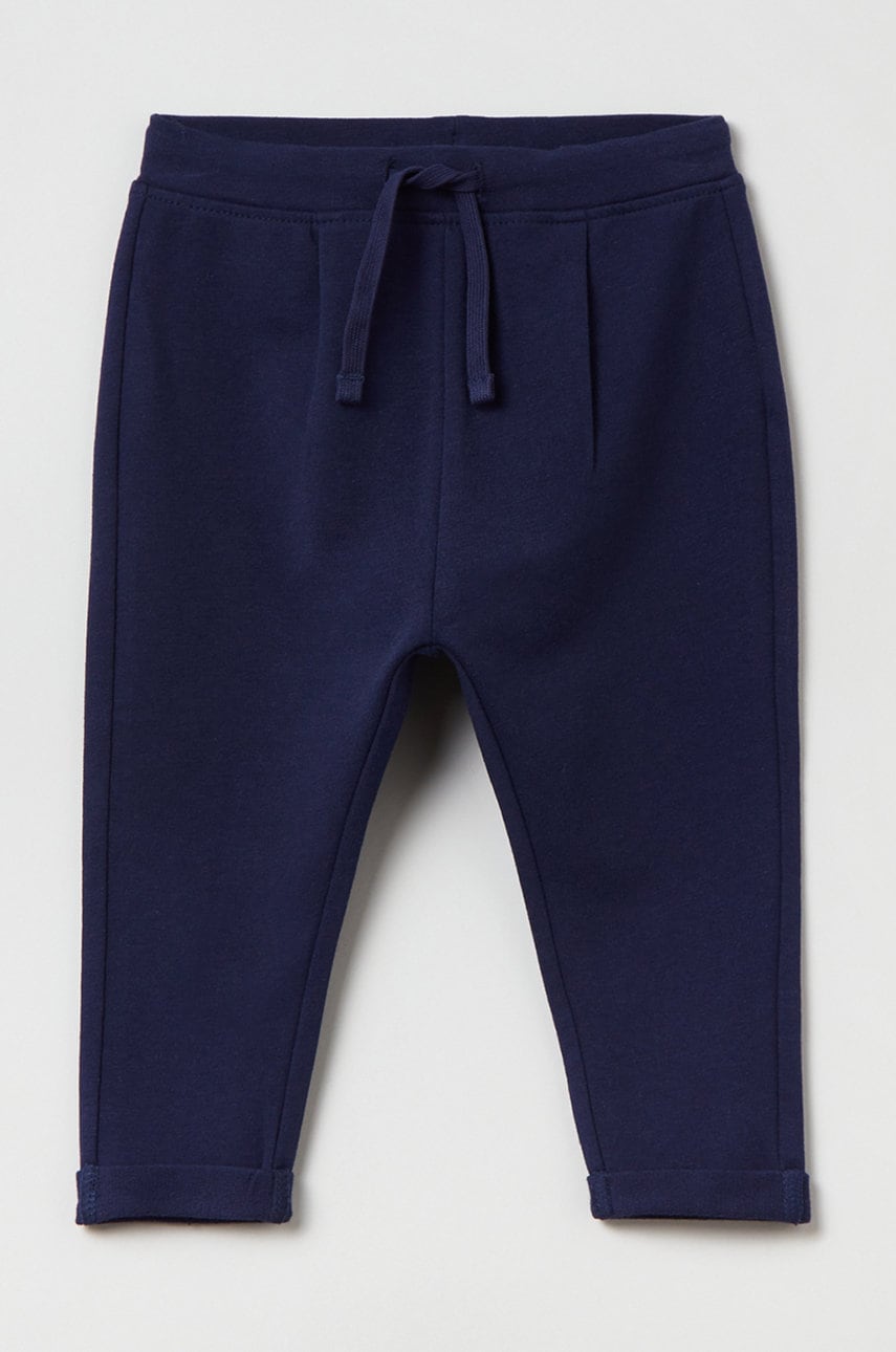 OVS pantaloni de bumbac pentru copii culoarea albastru marin, neted