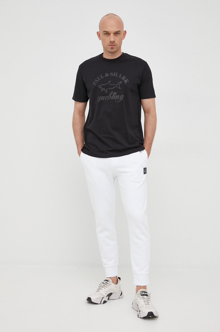 Armani exchange pantaloni de trening din bumbac barbati, culoarea alb, neted