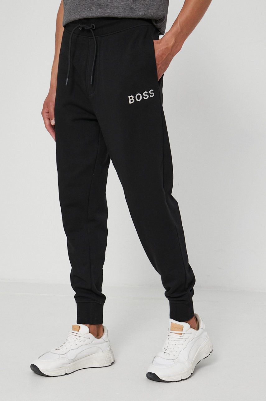 Boss Pantaloni de bumbac Casual bărbați, culoarea negru, material neted answear.ro