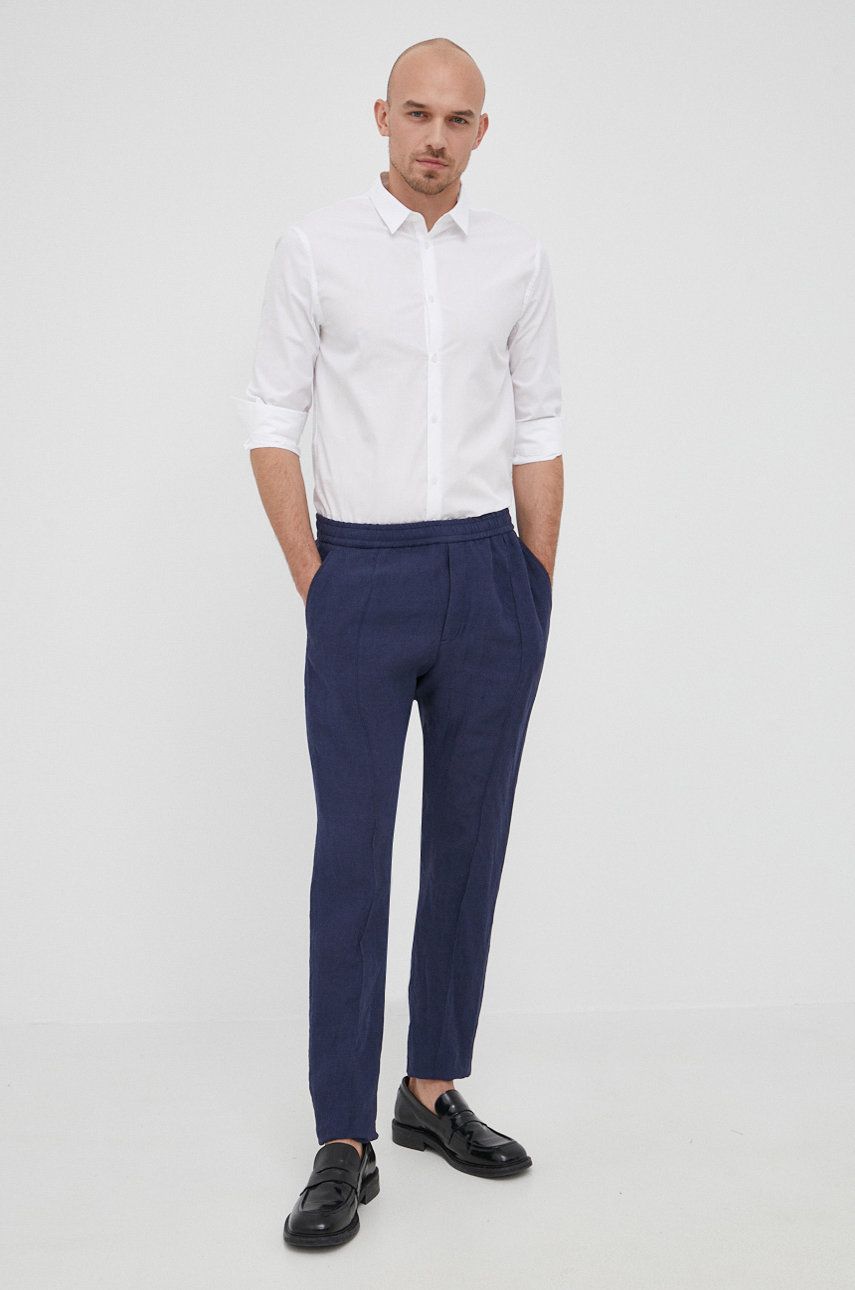 Plátěné kalhoty Emporio Armani pánské, tmavomodrá barva, jednoduché - námořnická modř -  100 % 