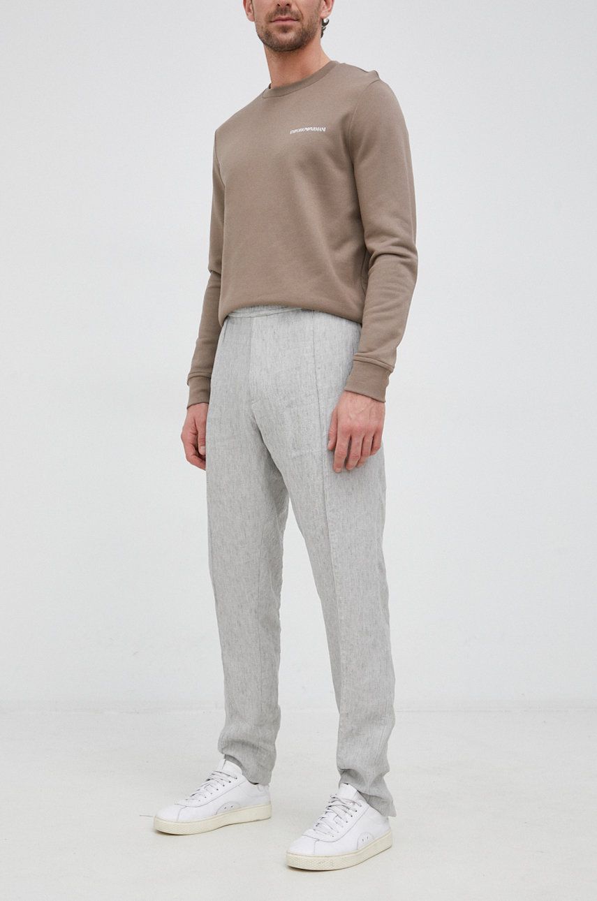 Plátěné kalhoty Emporio Armani pánské, šedá barva, jednoduché - šedá -  100 % Len