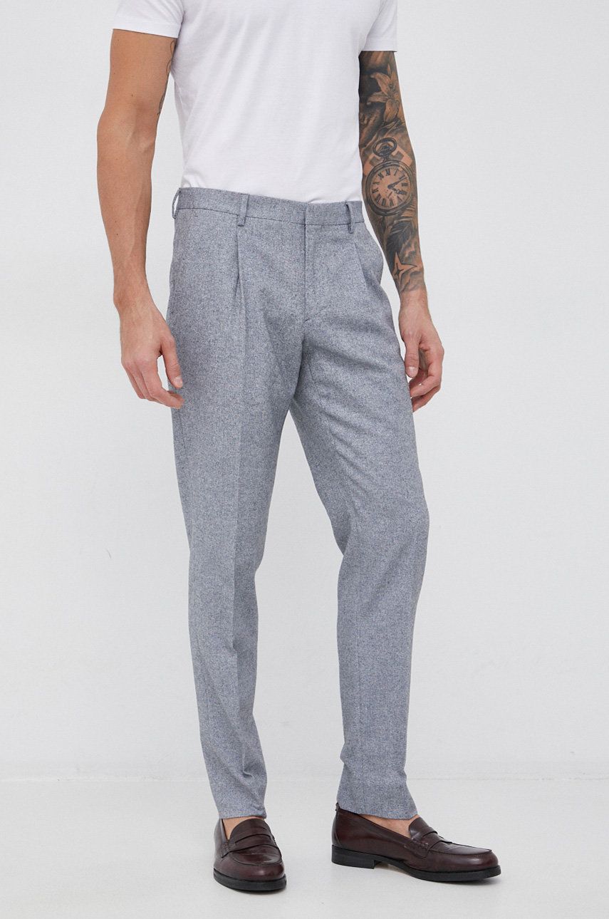 Kalhoty s příměsí vlny Tommy Hilfiger pánské, šedá barva, přiléhavé - šedá -  48% Bavlna