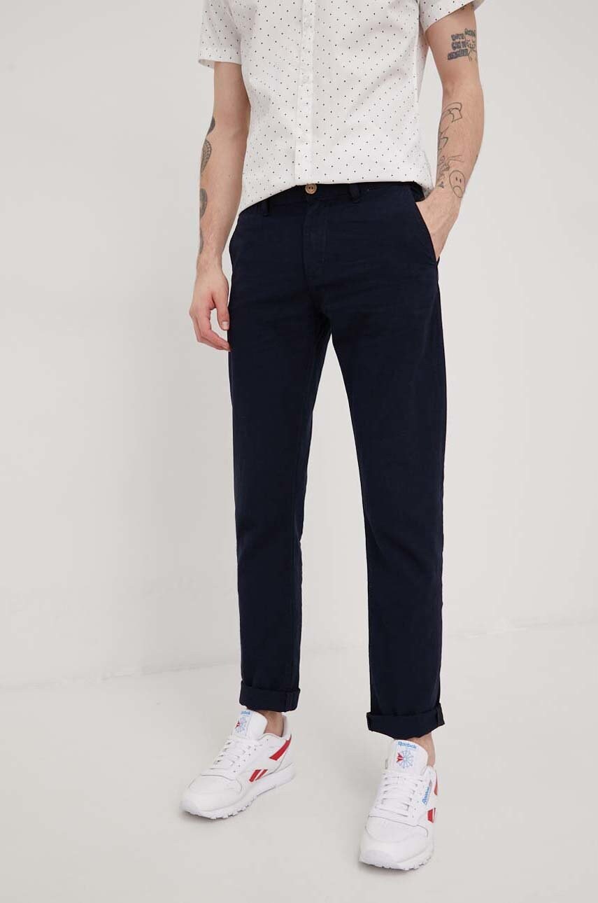 Tom tailor pantaloni din in barbati, culoarea albastru marin, drept