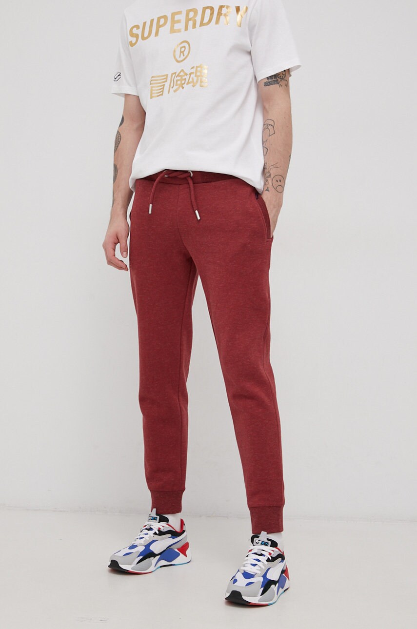 Superdry pantaloni bărbați, culoarea bordo, material neted