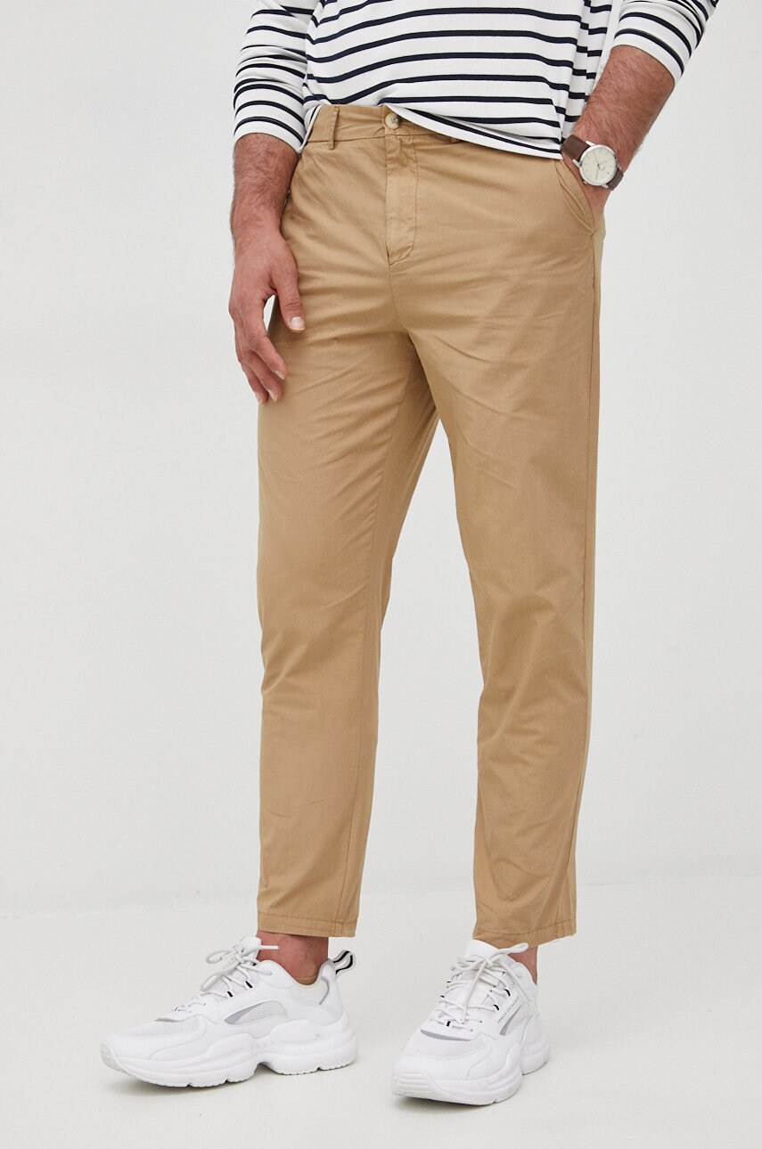 Scotch & soda pantaloni de bumbac barbati, culoarea verde, cu fason chinos