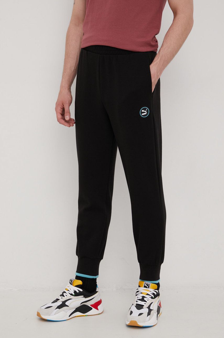 Puma pantaloni de trening din bumbac 533620 barbati, culoarea negru, cu imprimeu answear.ro
