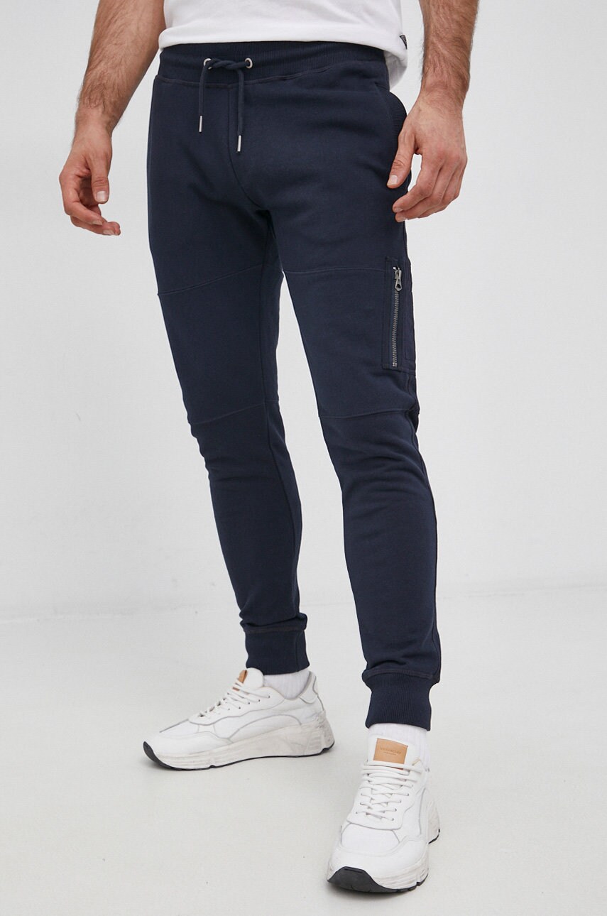 Pepe jeans pantaloni de bumbac damarion bărbați, culoarea albastru marin, material neted