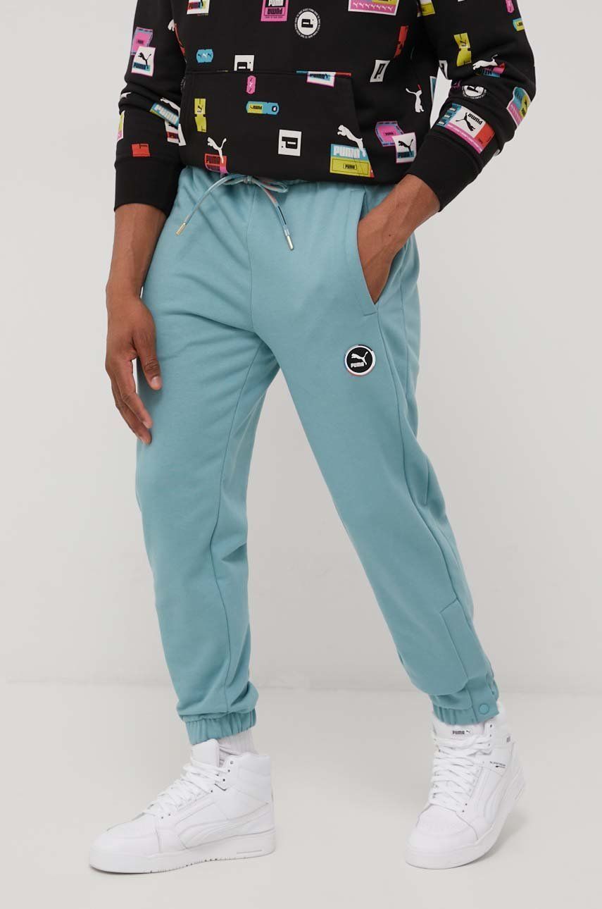 Puma pantaloni de bumbac 534176 barbati, culoarea turcoaz, cu imprimeu answear.ro