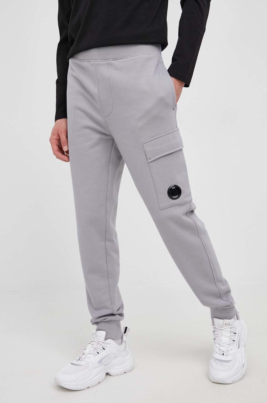 C.p. company pantaloni de bumbac barbati, culoarea gri, neted