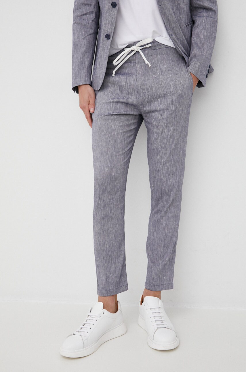 Drykorn pantaloni din in barbati, culoarea albastru marin, mulata