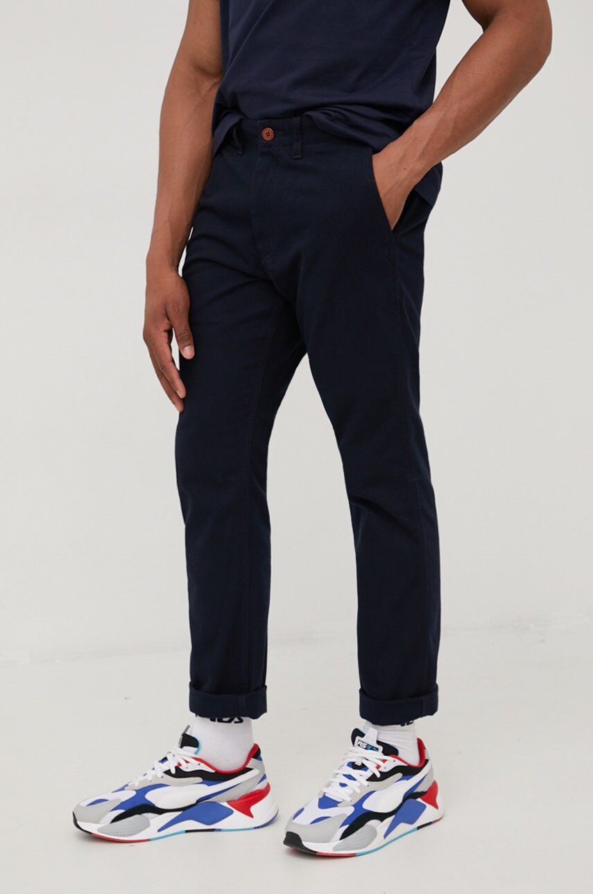 Superdry pantaloni de bumbac barbati, culoarea albastru marin, cu fason chinos