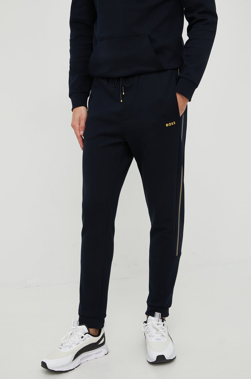 Boss pantaloni de trening boss athleisure barbati, culoarea albastru marin, neted