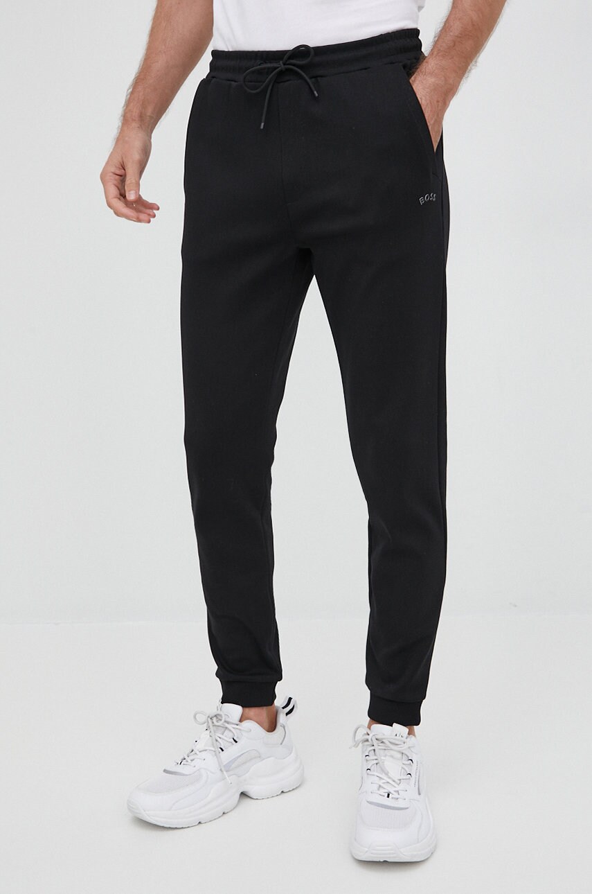 Boss pantaloni de bumbac boss athleisure barbati, culoarea negru, neted