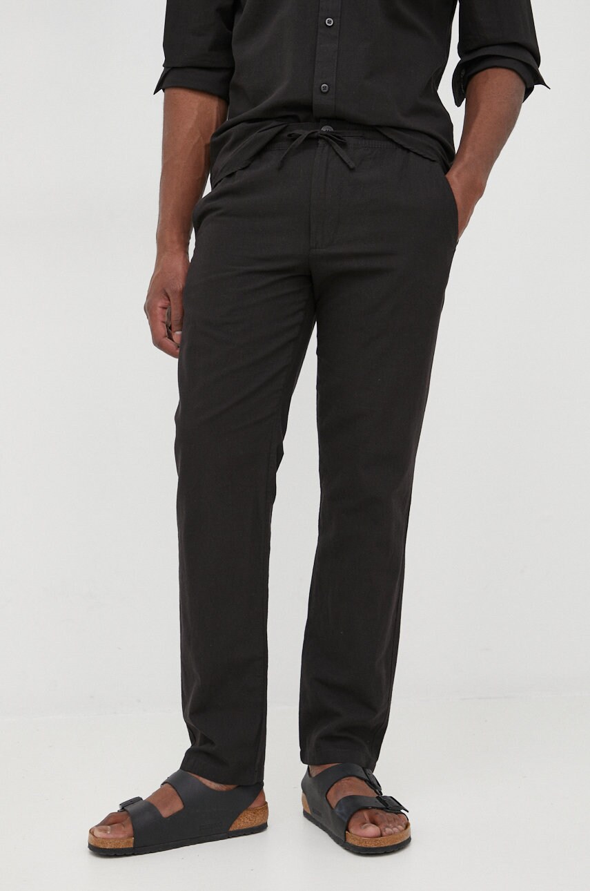Selected homme pantaloni din amestec de in barbati, culoarea negru, drept