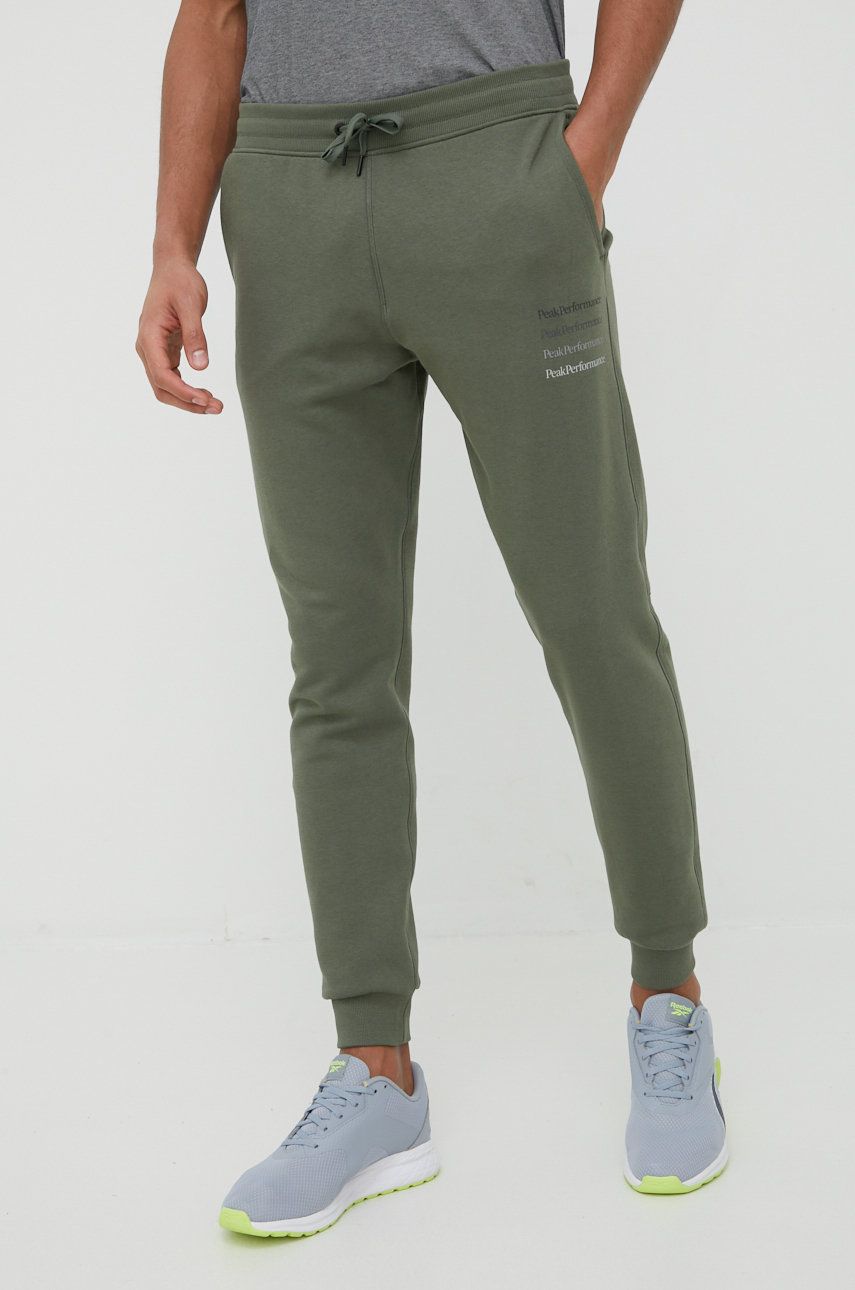 Peak Performance pantaloni de trening barbati, culoarea verde, cu imprimeu