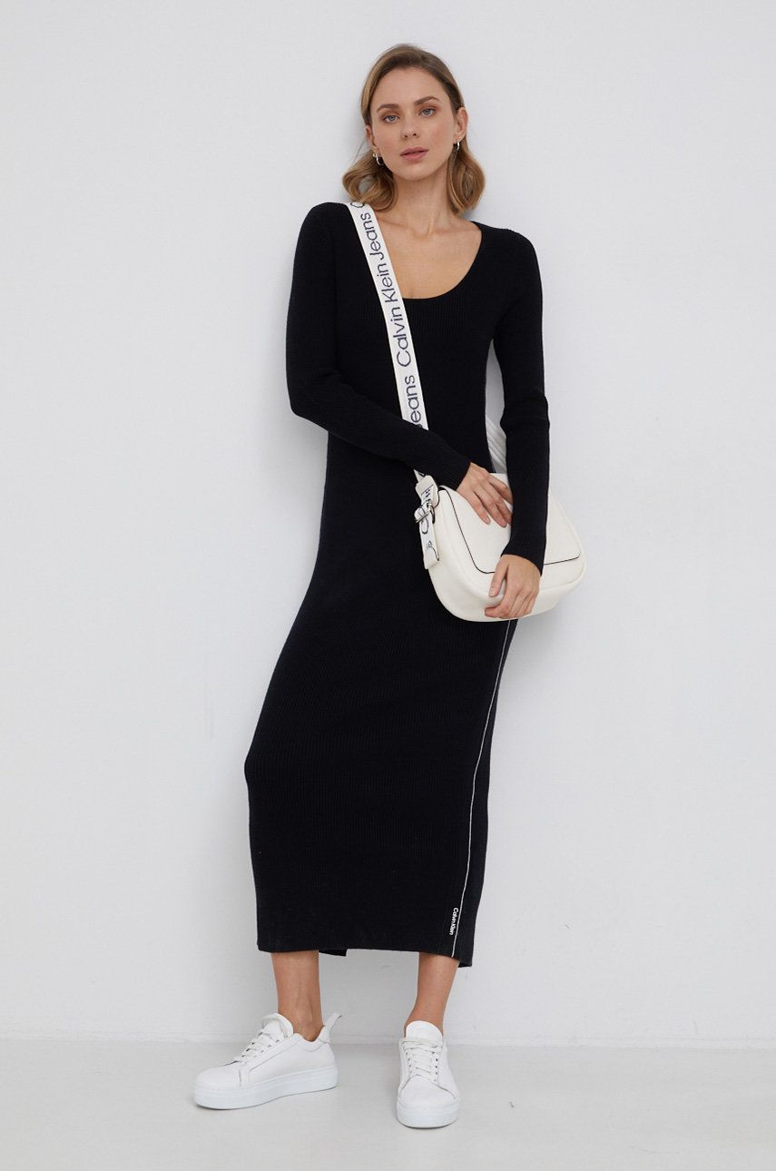 Calvin Klein Sukienka z domieszką wełny kolor czarny maxi prosta