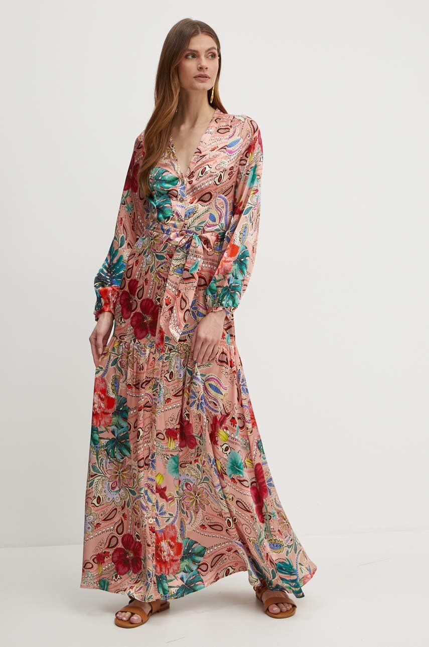 Marciano Guess sukienka jedwabna kolor pomarańczowy maxi rozkloszowana