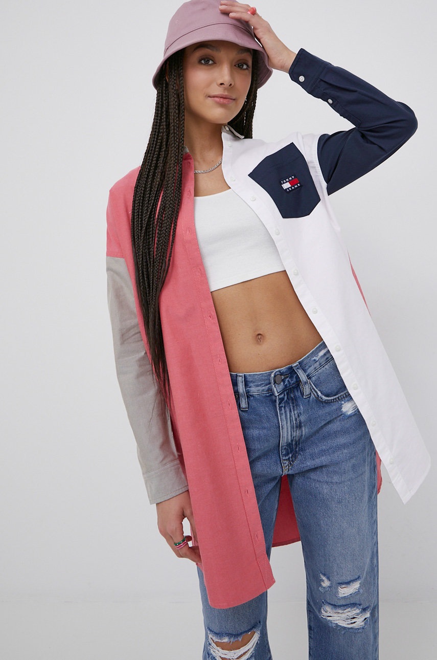 

Памучна рокля Tommy Jeans къс модел с уголемена кройка, Многоцветен