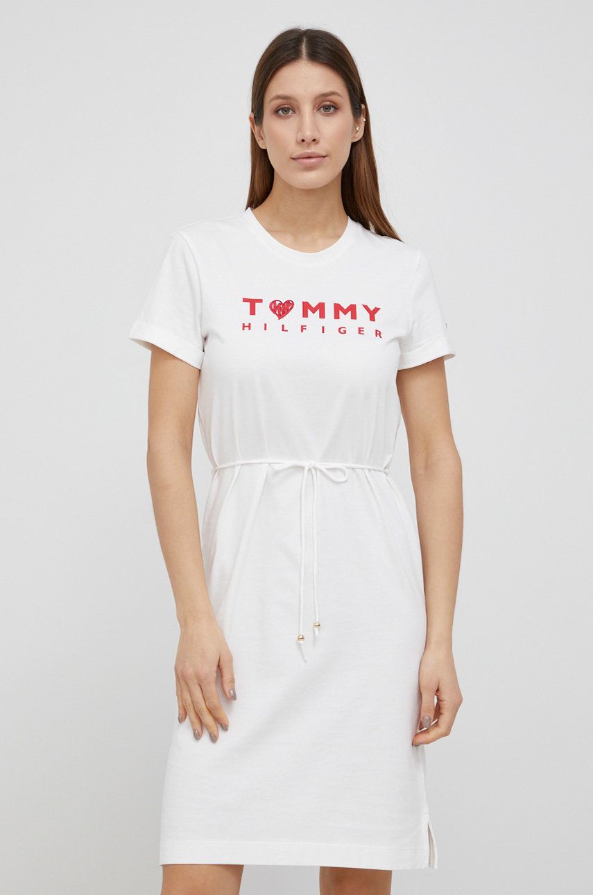 Bavlněné šaty Tommy Hilfiger bílá barva, mini, jednoduchý - bílá -  100% Bavlna