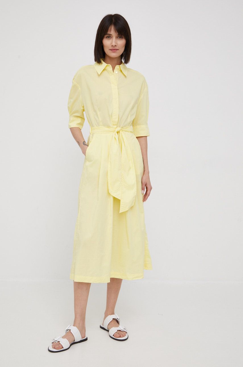 Marc O'Polo sukienka bawełniana kolor żółty midi rozkloszowana