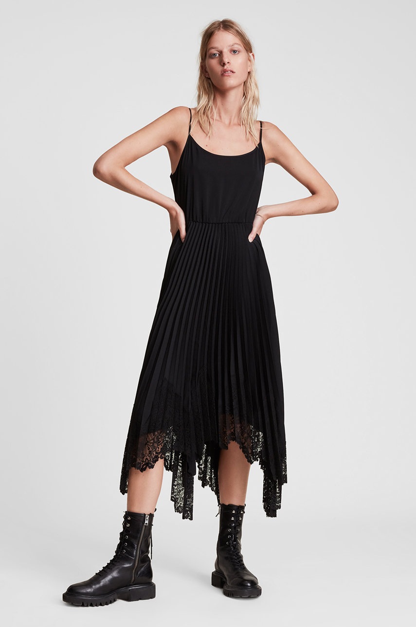 Allsaints rochie si pulover aspyn culoarea negru, midi, evazata