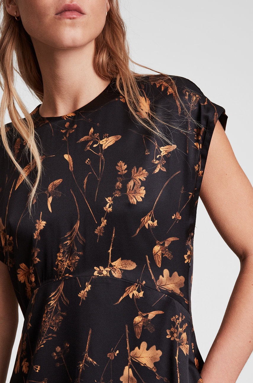 

Сукня з домішкою шовку AllSaints Gianna колір чорний midi розкльошена
