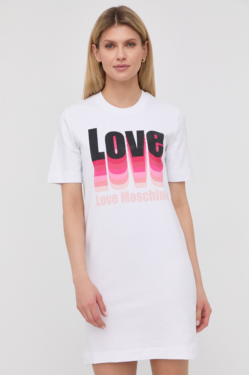 Love Moschino rochie culoarea alb, mini, drept