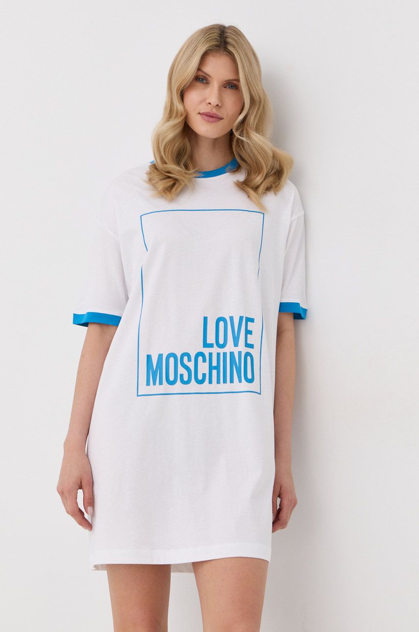 Love Moschino rochie din bumbac culoarea alb, mini, oversize