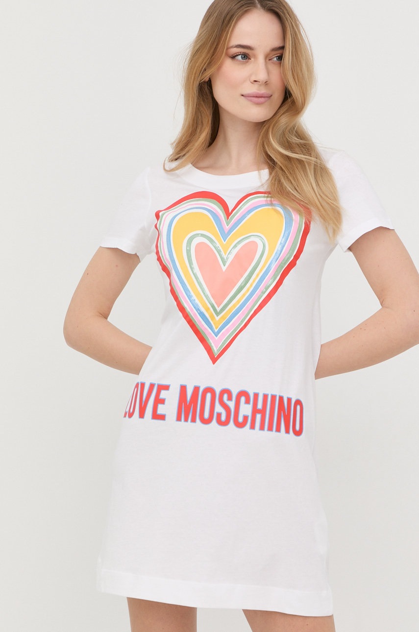 

Памучна рокля Love Moschino в бяло къс модел със стандартна кройка, Бял