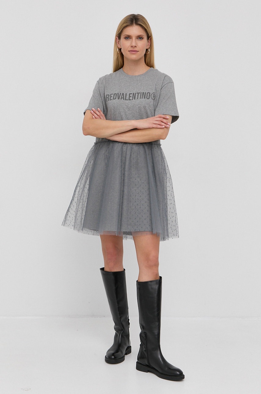 

Рокля Red Valentino в сиво къс модел с уголемена кройка, Сив