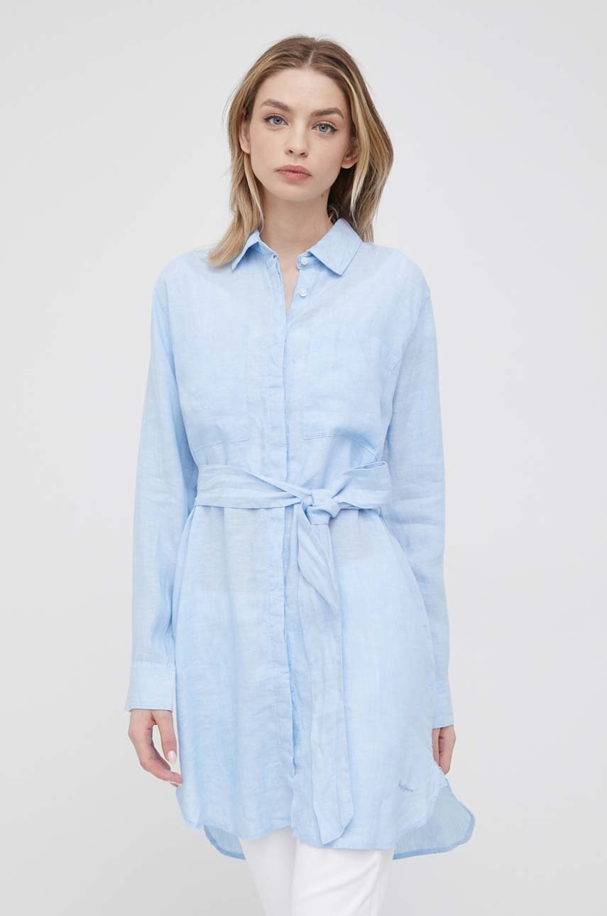 

Ленена рокля Pepe Jeans Magda къс модел със стандартна кройка, Син
