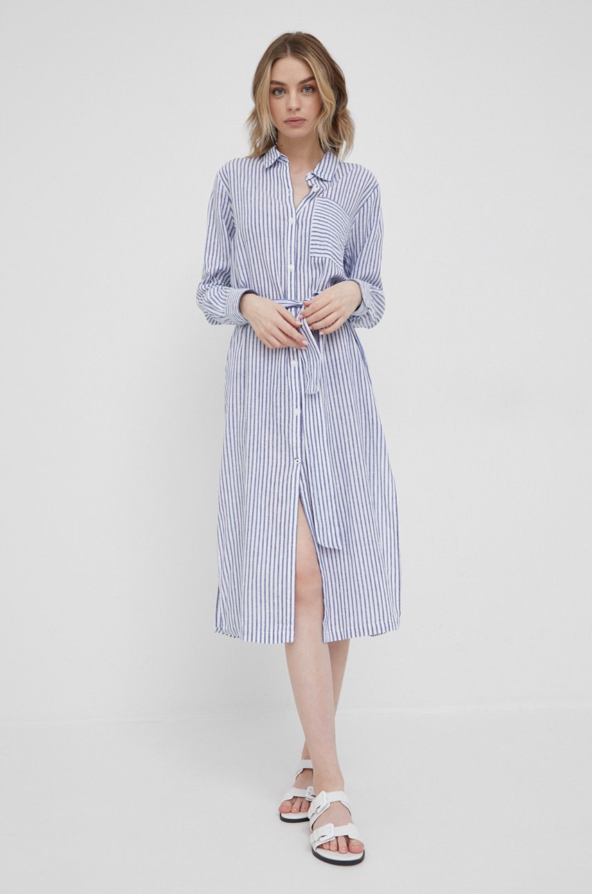 

Рокля с лен Pepe Jeans Meriut среднодълъг модел със стандартна кройка, Син