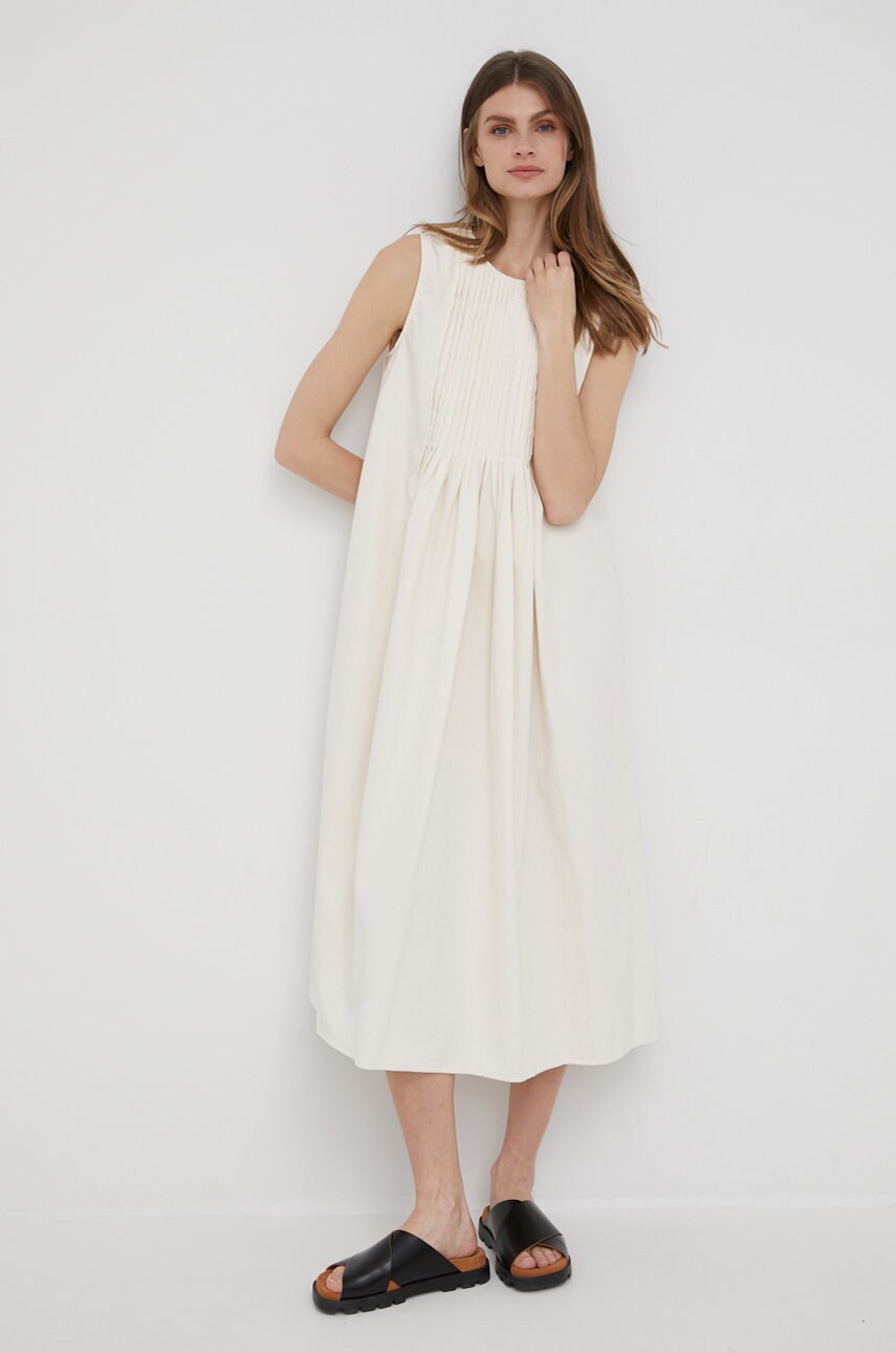 Drykorn rochie din bumbac culoarea bej, midi, evazati