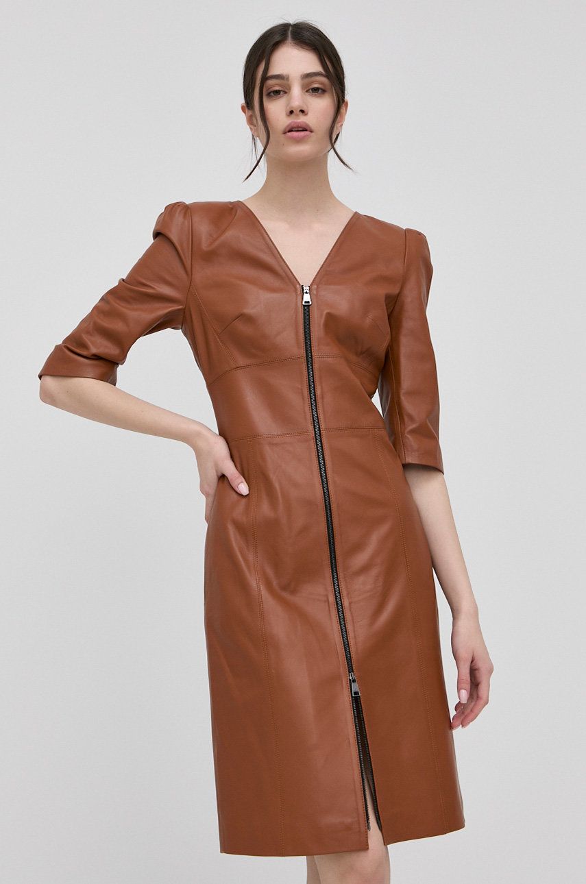 Karl Lagerfeld rochie de piele culoarea maro, mini, mulata imagine reduceri black friday 2021 answear.ro
