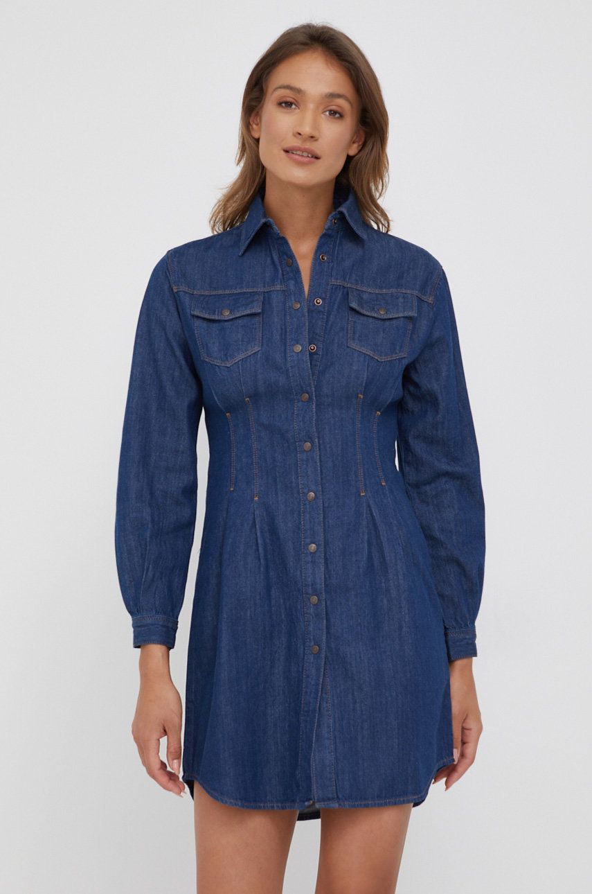 Sisley rochie jeans culoarea albastru marin, mini, evazati imagine reduceri black friday 2021 albastru