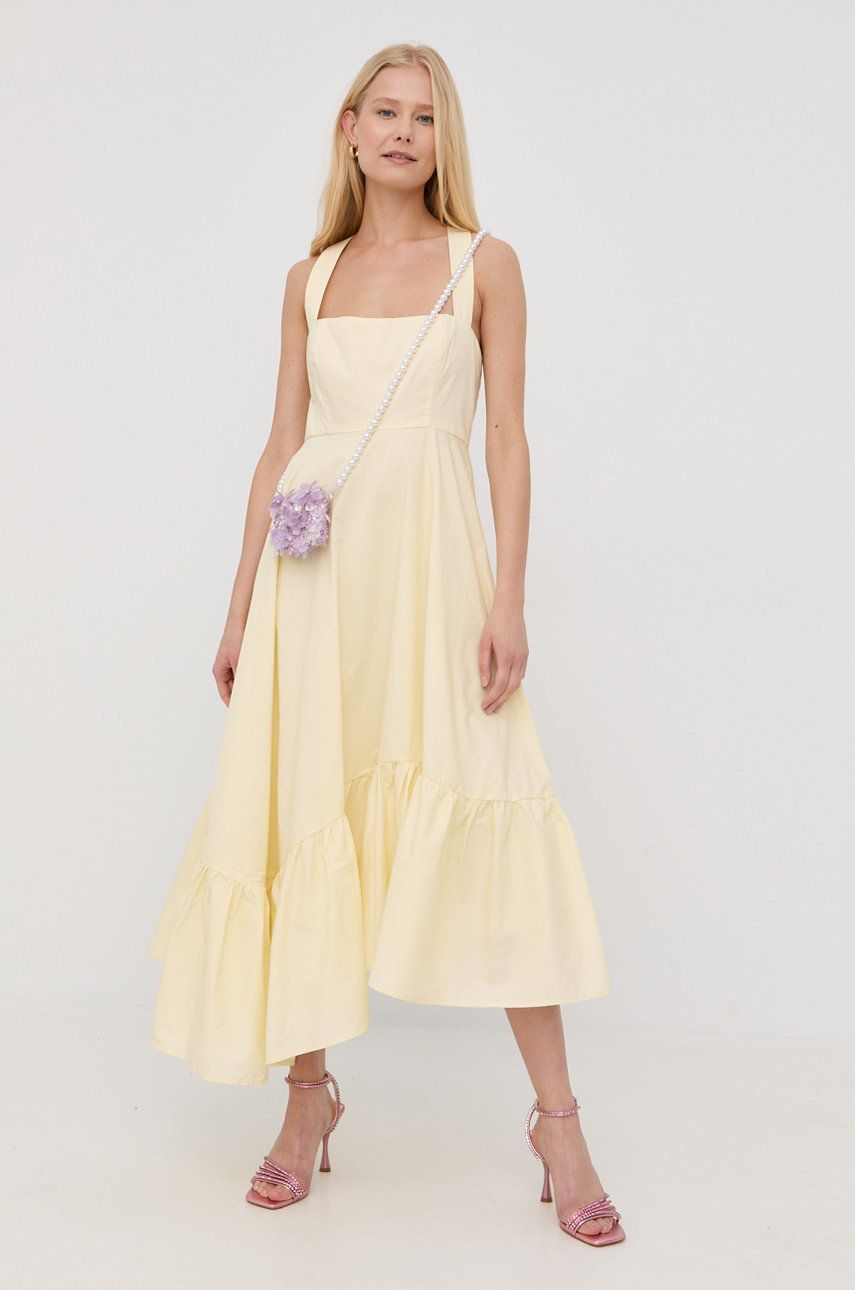 Bardot rochie din bumbac culoarea galben, midi, evazati