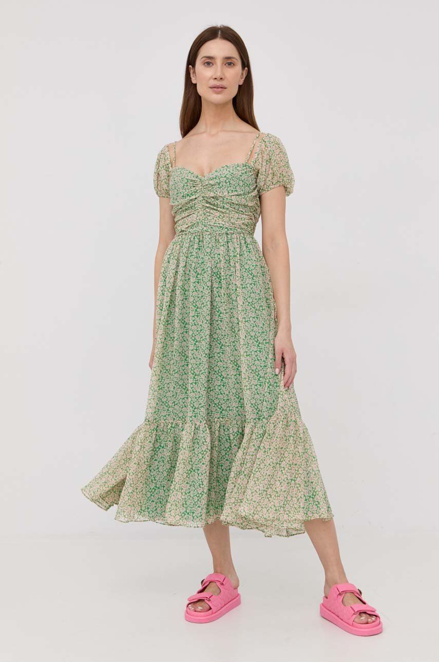 Bardot rochie culoarea verde, maxi, evazati