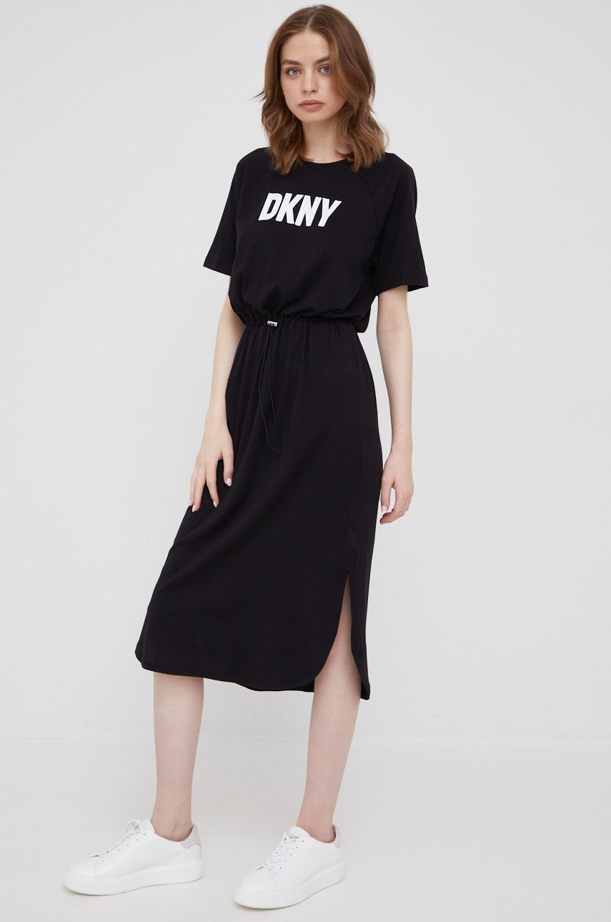 

Рокля Dkny в черно среднодълъг модел с уголемена кройка, Черен