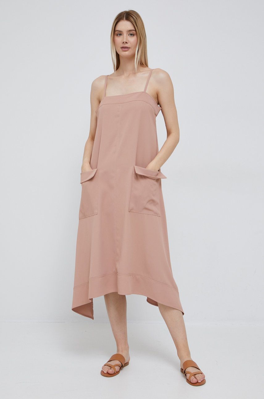 Šaty Dkny béžová barva, midi - béžová -  100% Polyester