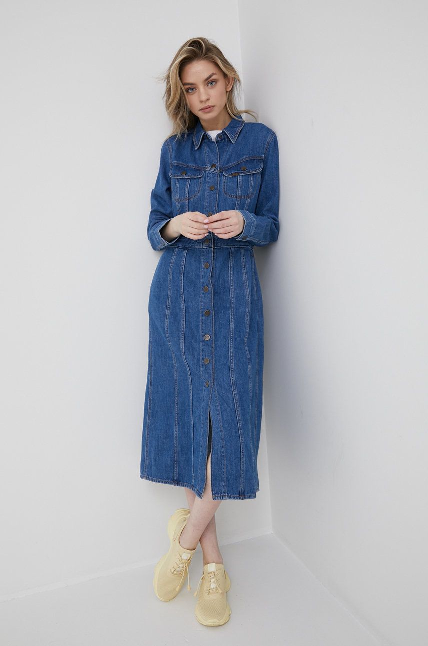 Lee rochie jeans albastru midi, evazati | Your Fashion Land.ro