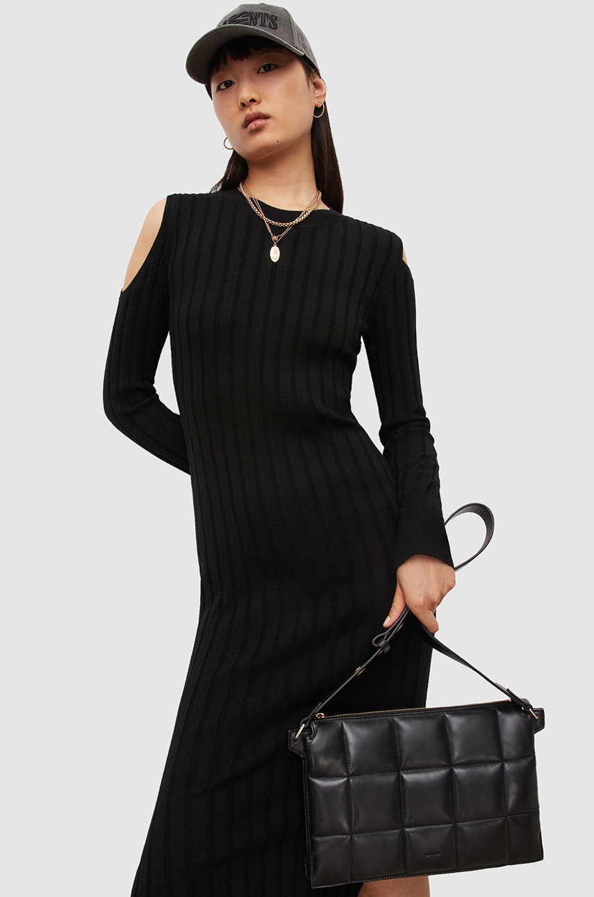 

Шерстяное платье AllSaints цвет чёрный midi облегающая